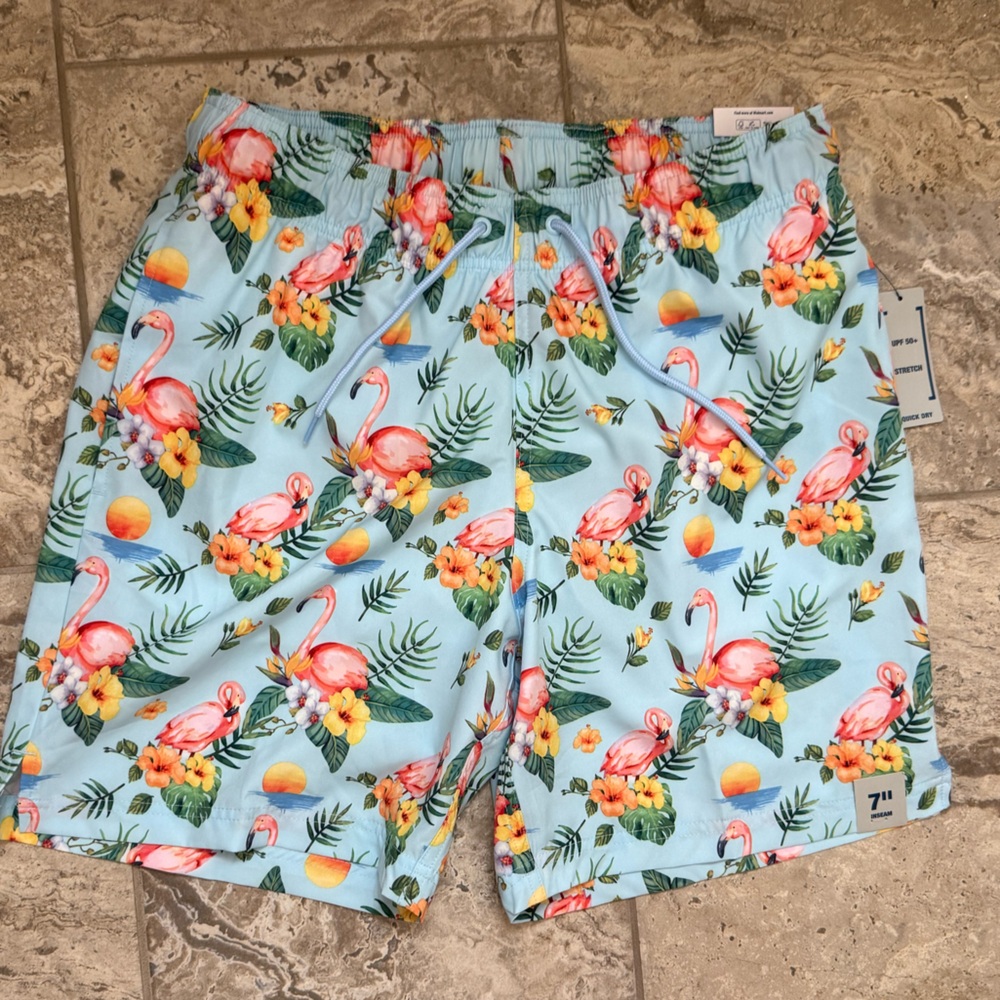 NWT Size Medium George above the knee Flamingo Print Swim Shorts